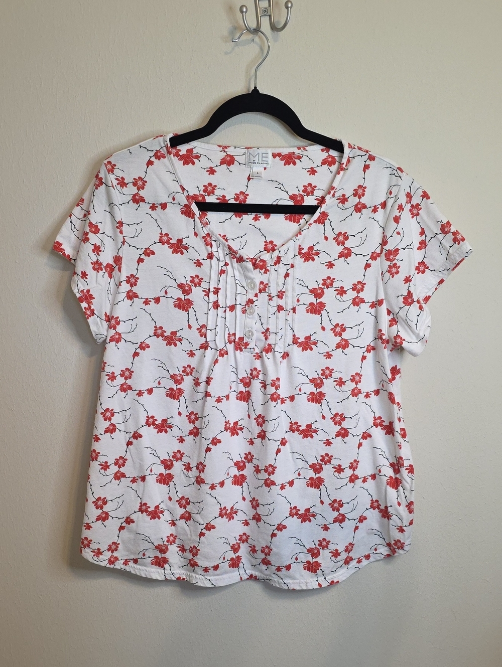 Miss Elaine White Short Sleeve Blouse with Coral Floral Print